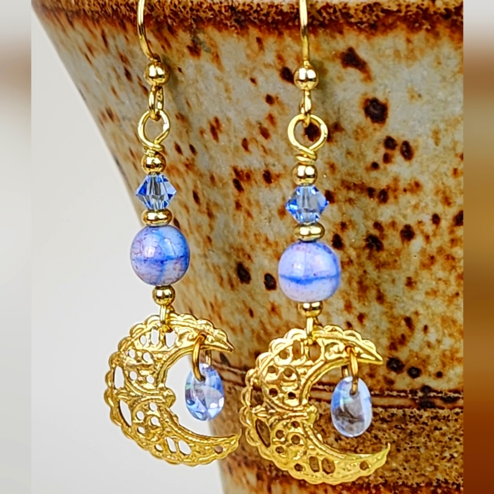 Filigree‎ Moon Dangle Earrings, Handcrafted